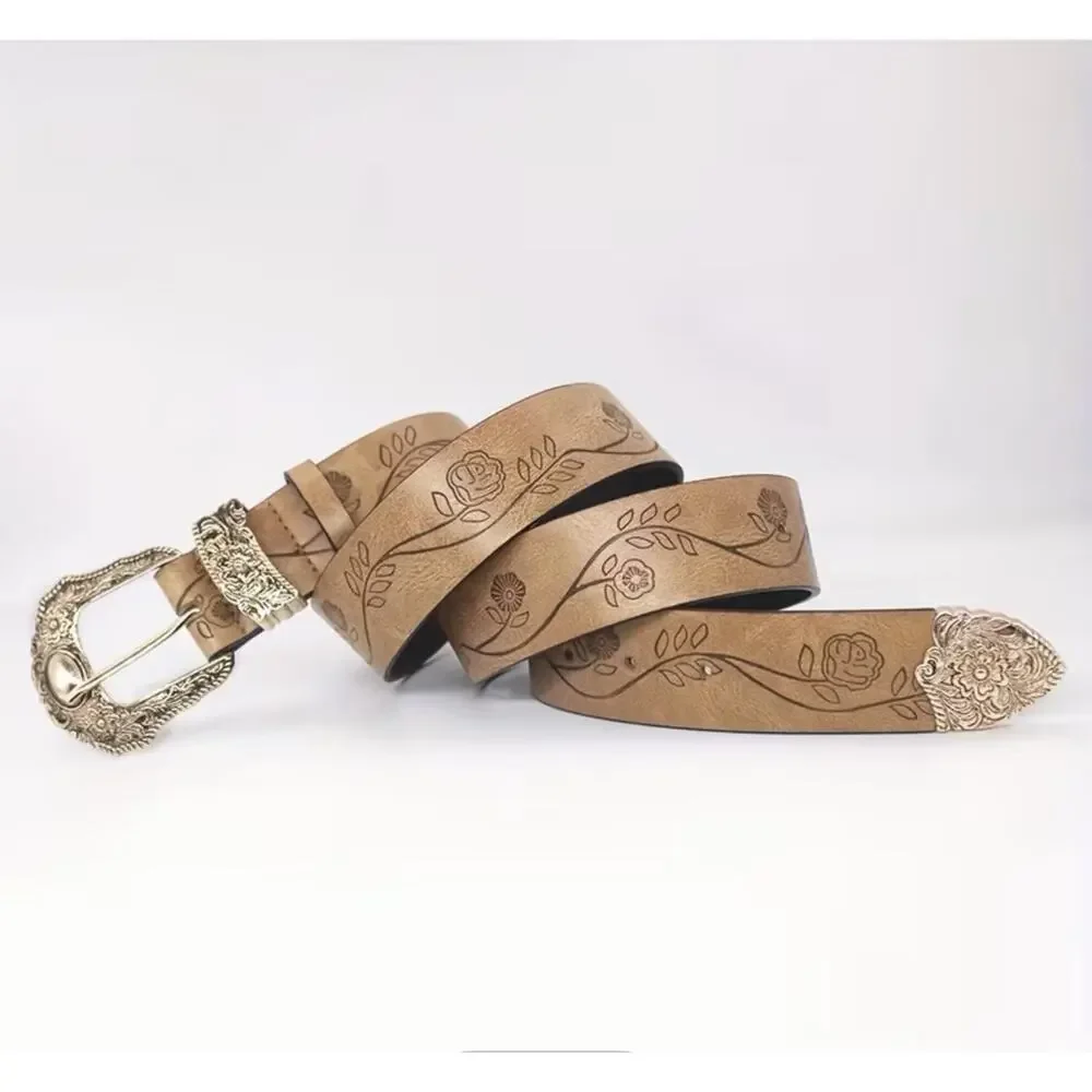(Vintage) Bohemian Western Style Belt With Buckle 1.5 Inch Wide, Faux Leather Lg